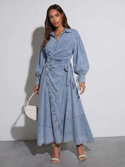Luzie | Denim Maxi Jurk met Taillestrik - blauw