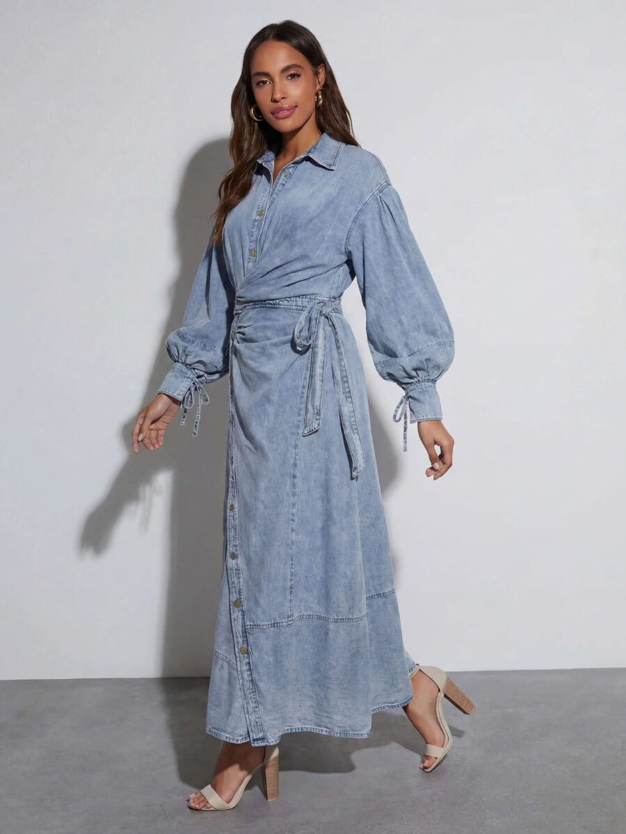 Luzie | Denim Maxi Jurk met Taillestrik - blauw