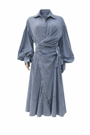Luzie | Denim Maxi Jurk met Taillestrik - blauw