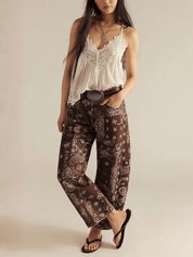 Mid Rise Barrel Jeans - paisleyprint - chocoladebruin
