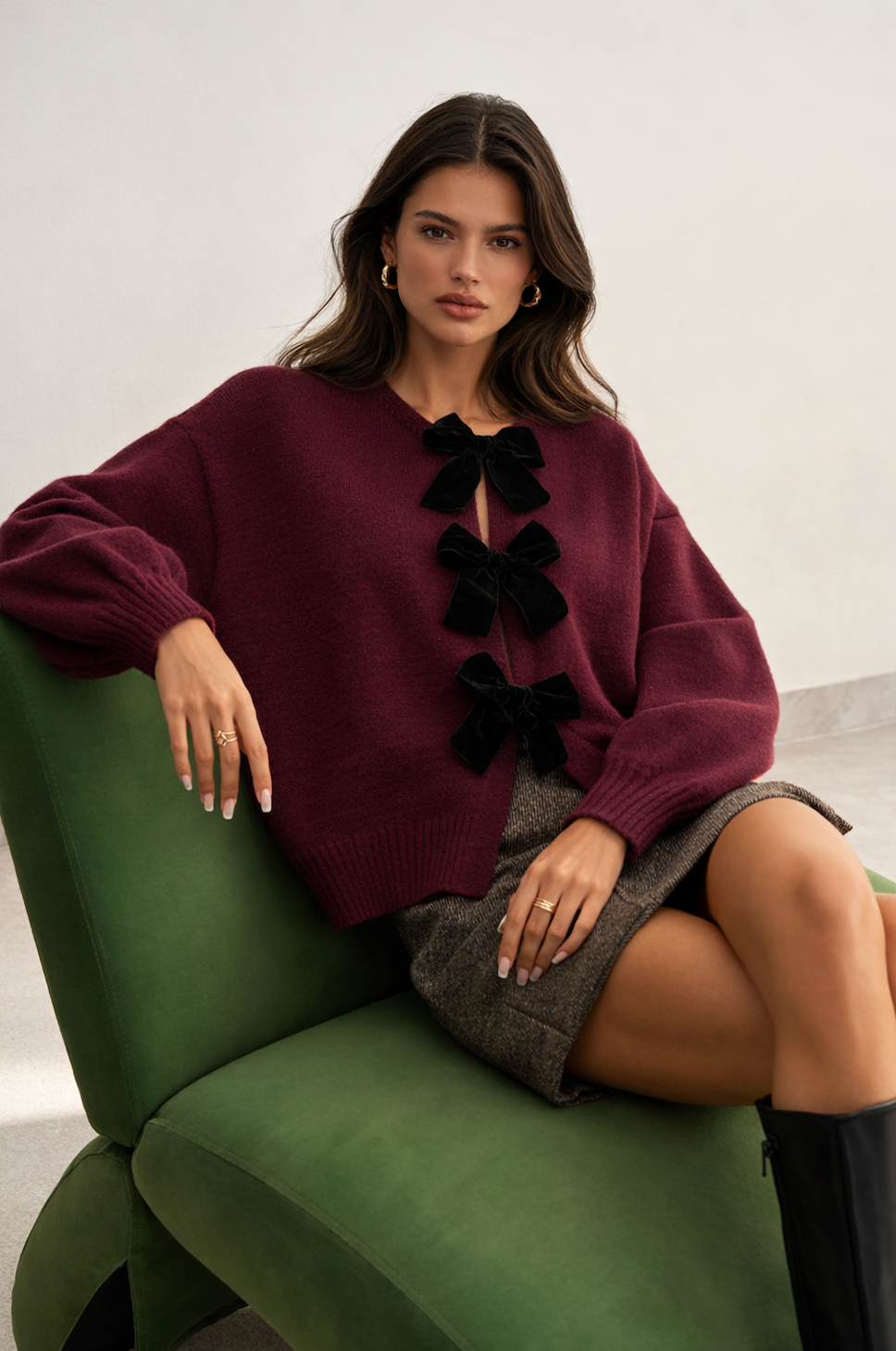 Gebreide Dames Cardigan met Fluwelen Strikken en Bolmouwen