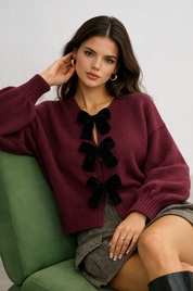 Gebreide Dames Cardigan met Fluwelen Strikken en Bolmouwen