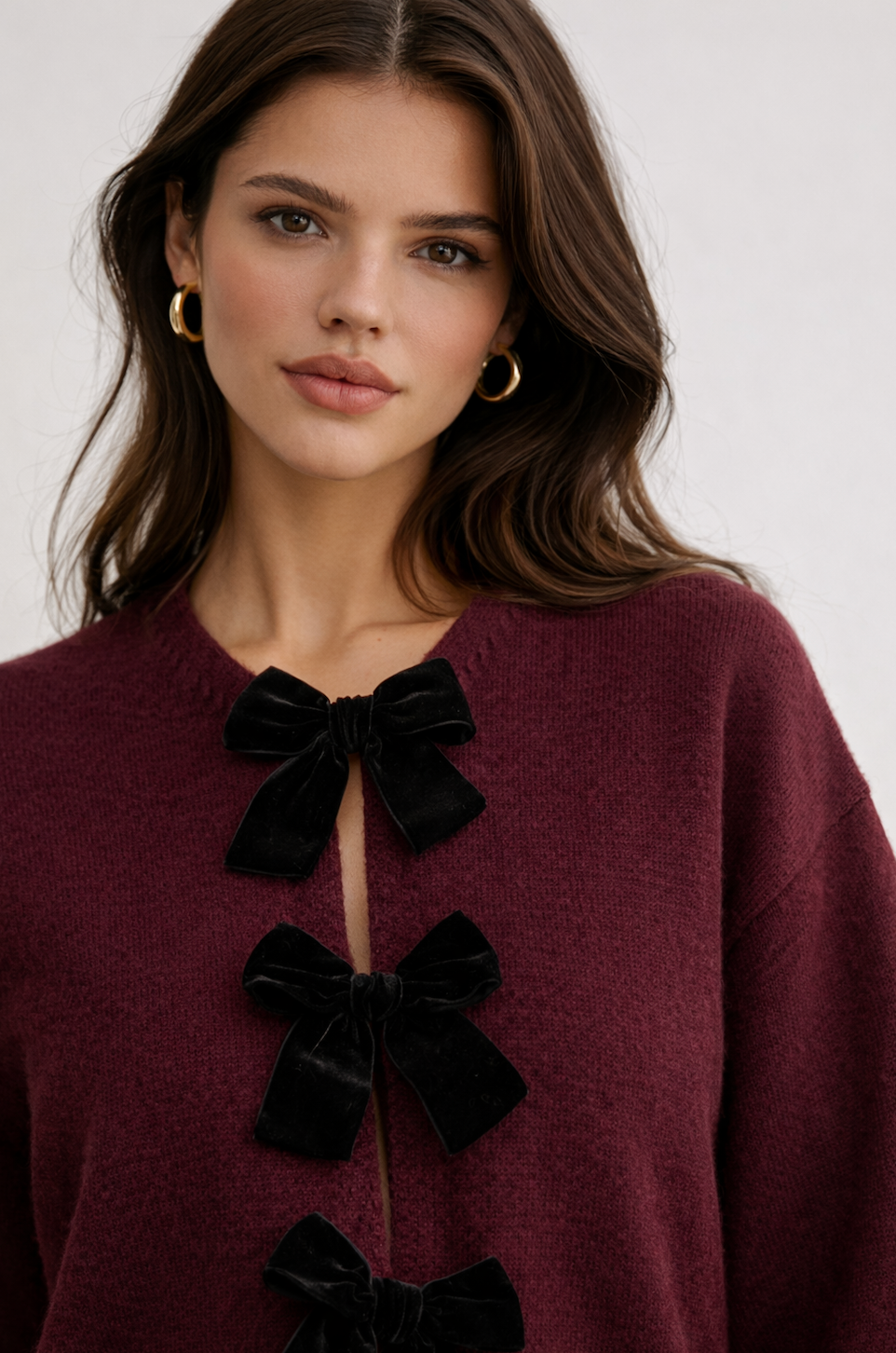 Gebreide Dames Cardigan met Fluwelen Strikken en Bolmouwen