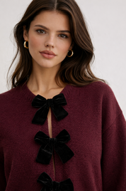 Gebreide Dames Cardigan met Fluwelen Strikken en Bolmouwen
