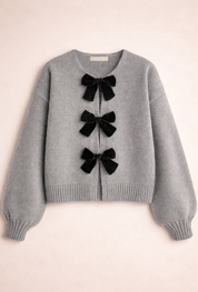 Gebreide Dames Cardigan met Fluwelen Strikken en Bolmouwen