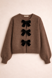 Gebreide Dames Cardigan met Fluwelen Strikken en Bolmouwen