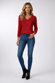 Dames Glitter V-Hals Top – Trendy Lange Mouwen Top voor Lente & Zomer | Caroline