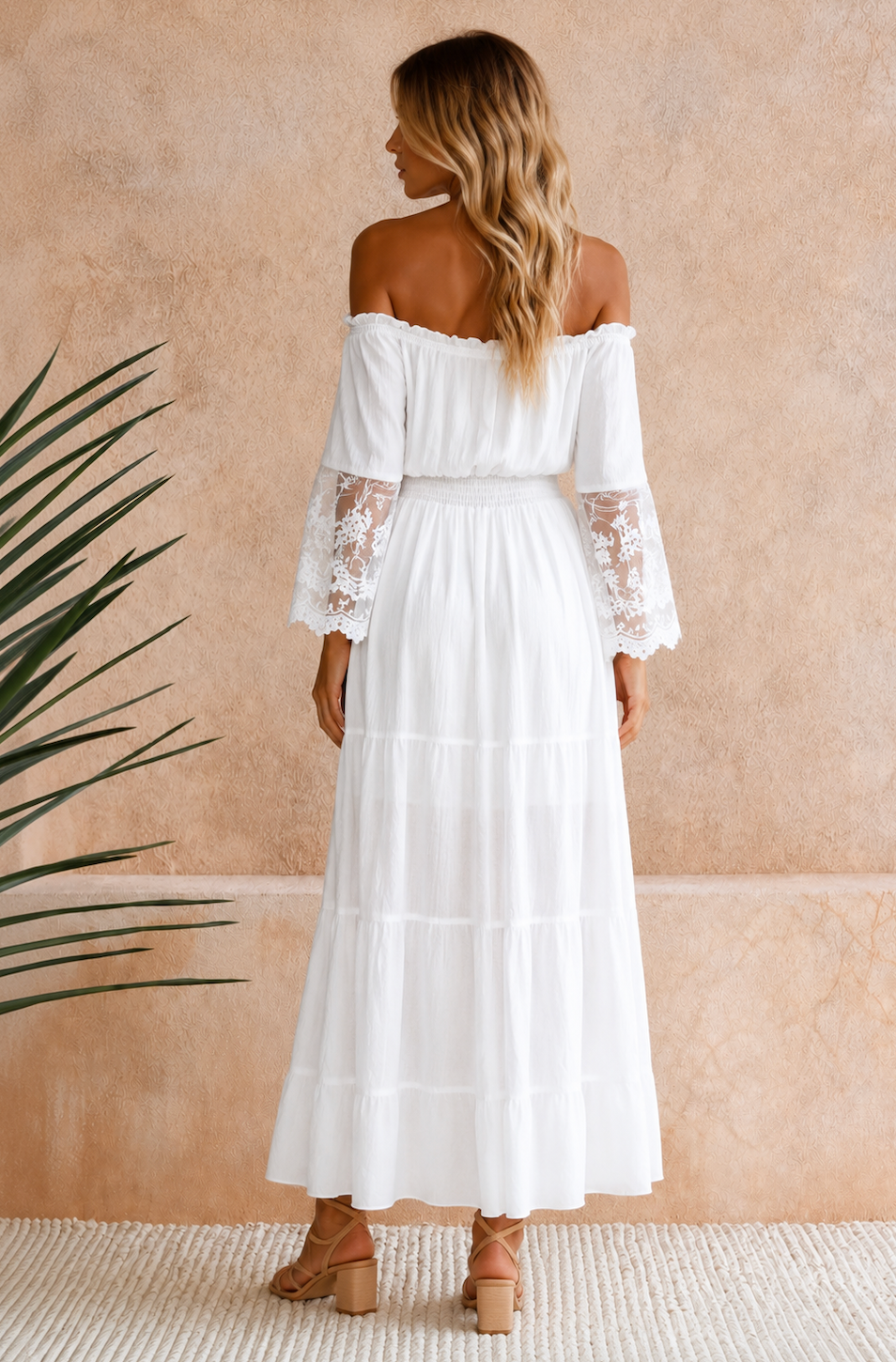 Lange Witte Boho Jurk met Kanten Mouwen