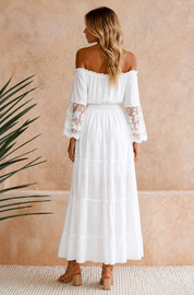 Lange Witte Boho Jurk met Kanten Mouwen