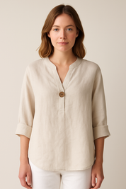 Sophie | Korte Mouw Damesblouse met V-hals en Knoopdetail voor Zomer