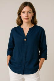 Sophie | Korte Mouw Damesblouse met V-hals en Knoopdetail voor Zomer