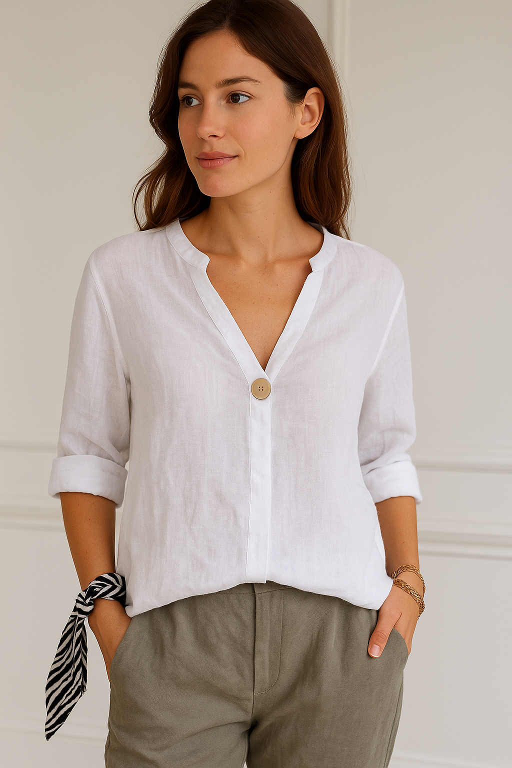 Sophie | Korte Mouw Damesblouse met V-hals en Knoopdetail voor Zomer