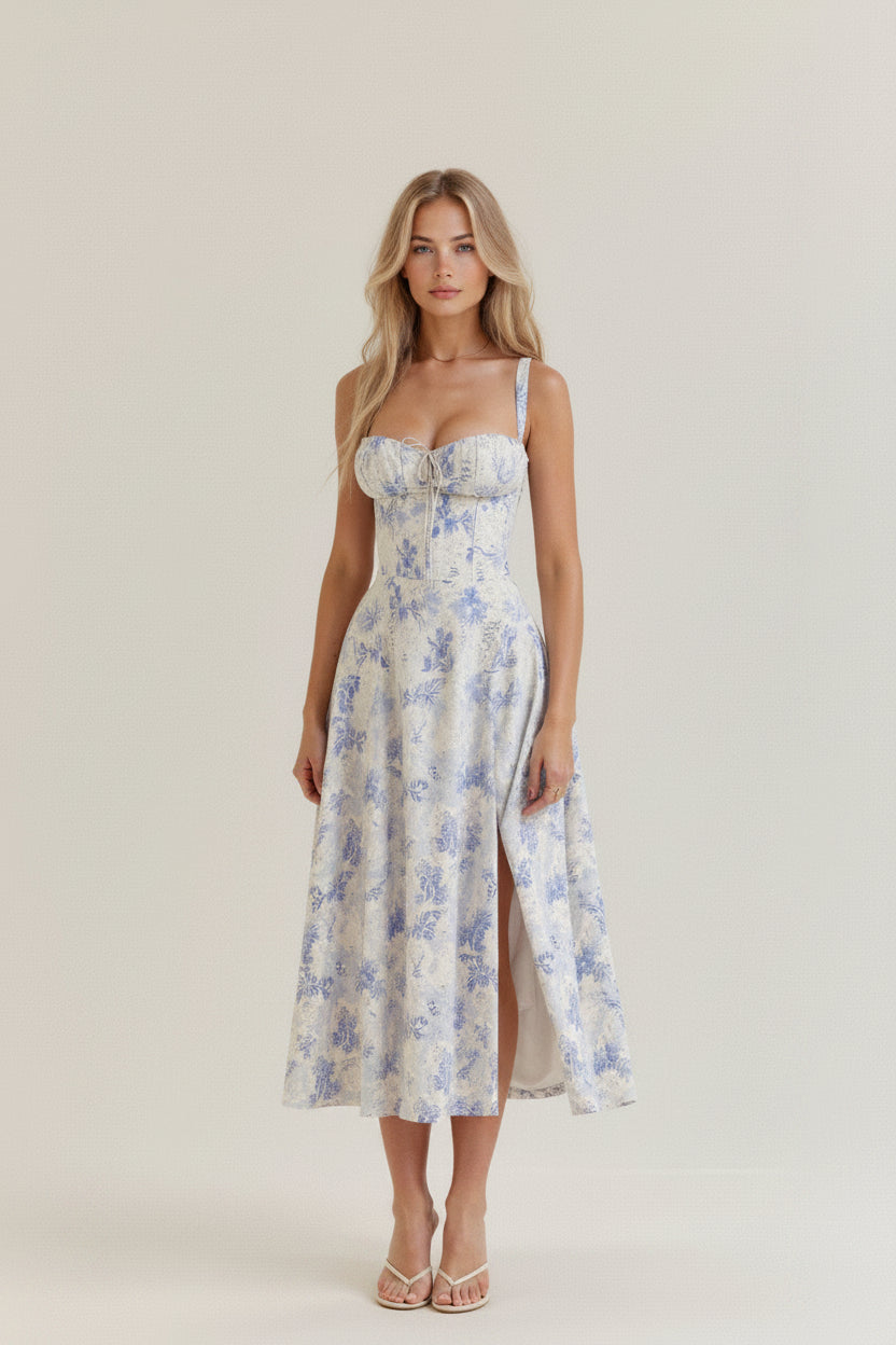 Sophie | Midi Jurk Dames met Corset en Vloeiende Rok voor Zomerse Gelegenheden