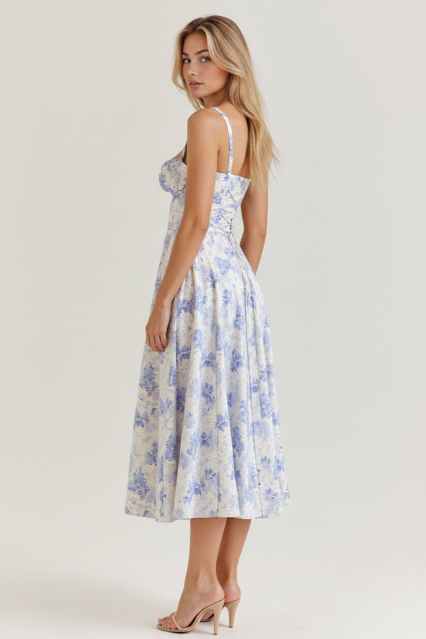 Sophie | Midi Jurk Dames met Corset en Vloeiende Rok voor Zomerse Gelegenheden