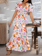 Roze Bloemenprint Maxi Jurk | Gesmockte Taille | Tropische Zomerjurk Dames