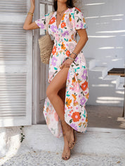 Roze Bloemenprint Maxi Jurk | Gesmockte Taille | Tropische Zomerjurk Dames