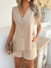 Splendid Button Down Vest Matching Sets - beige