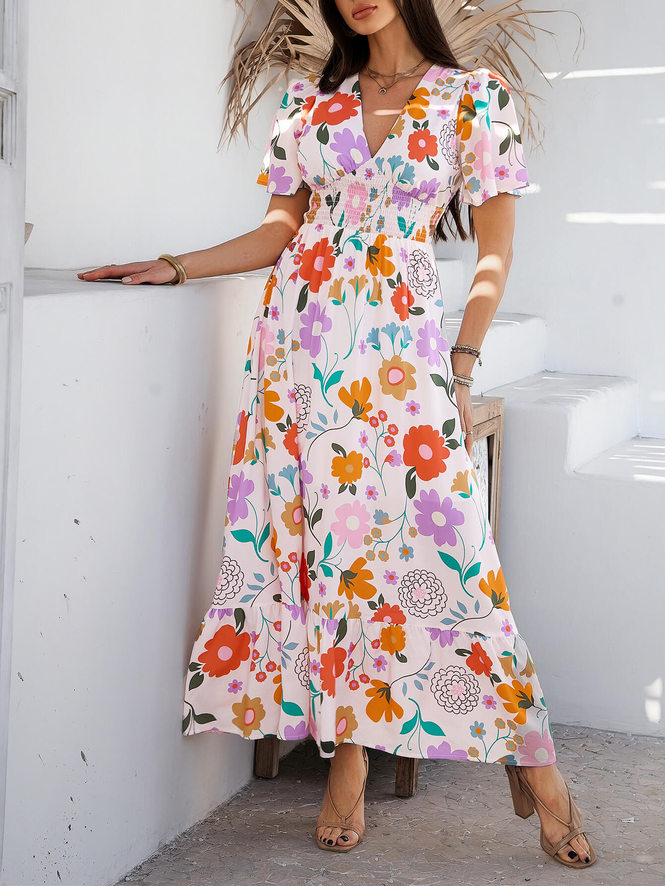 Roze Bloemenprint Maxi Jurk | Gesmockte Taille | Tropische Zomerjurk Dames