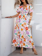 Roze Bloemenprint Maxi Jurk | Gesmockte Taille | Tropische Zomerjurk Dames
