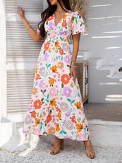 Roze Bloemenprint Maxi Jurk | Gesmockte Taille | Tropische Zomerjurk Dames