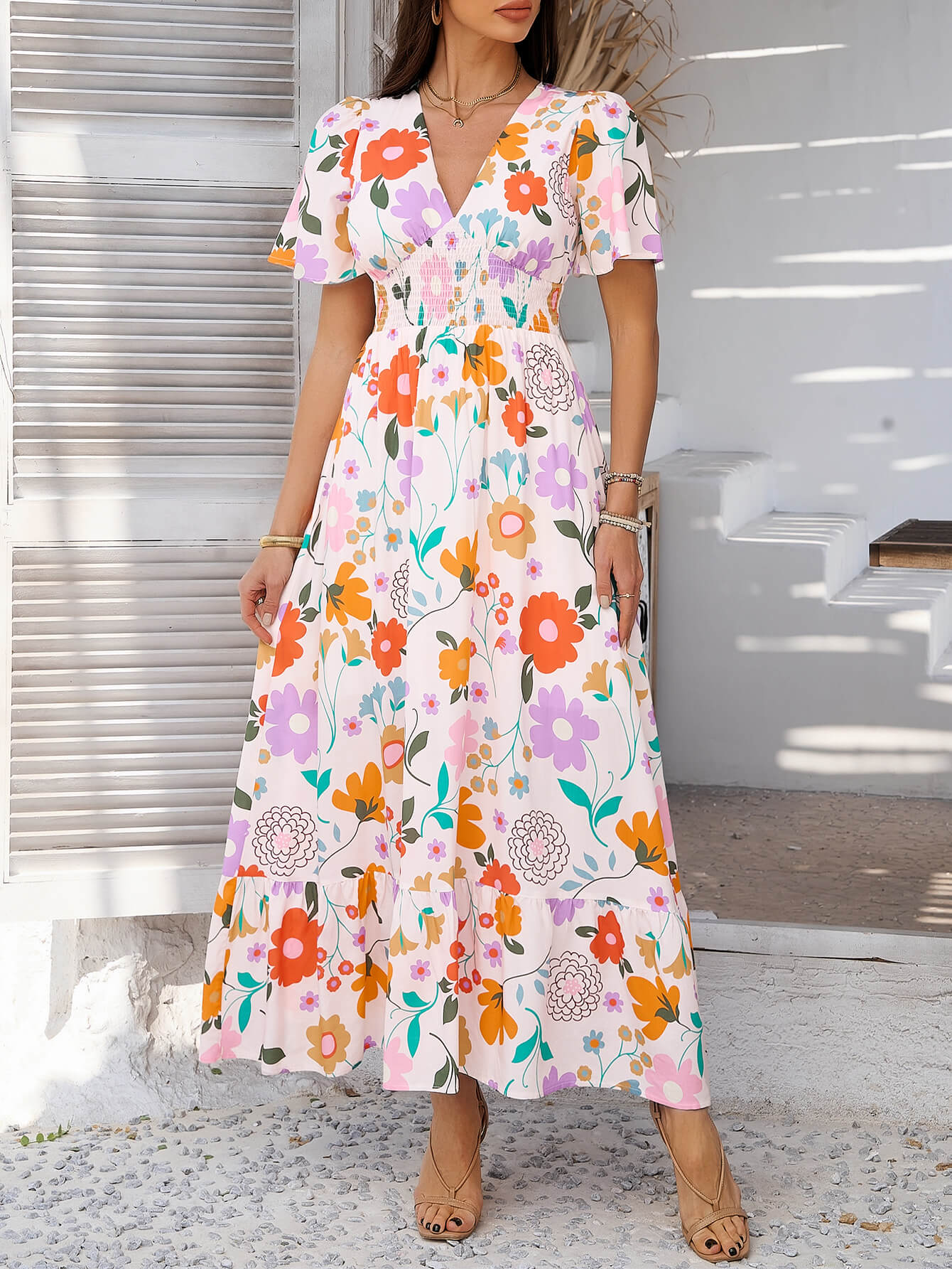 Roze Bloemenprint Maxi Jurk | Gesmockte Taille | Tropische Zomerjurk Dames