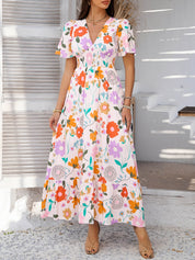 Roze Bloemenprint Maxi Jurk | Gesmockte Taille | Tropische Zomerjurk Dames