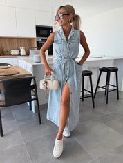 Blauwe Denim Jurk Dames | Knopen & Kraag | Zomerjurk met Borstzakken
