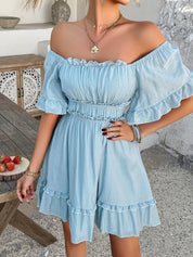 Pure Essence | Gesmockte Babydoll Mini Jurk - blauw