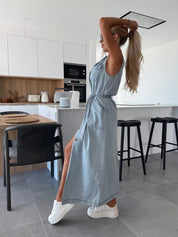 Blauwe Denim Jurk Dames | Knopen & Kraag | Zomerjurk met Borstzakken