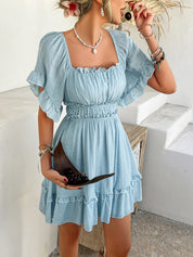 Pure Essence | Gesmockte Babydoll Mini Jurk - blauw