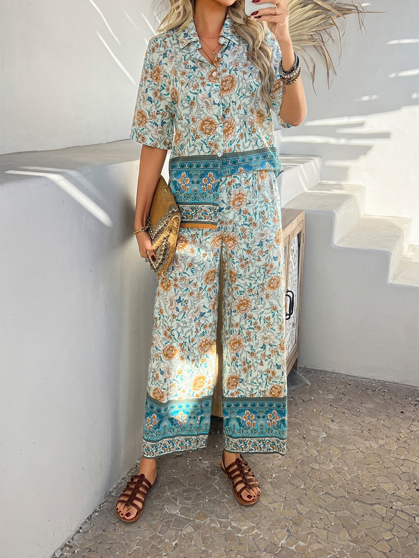 Bohemia | Bloemenprint Vakantie Bijpassende Set - Blauw