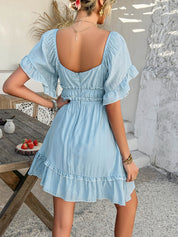 Pure Essence | Gesmockte Babydoll Mini Jurk - blauw