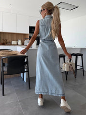 Blauwe Denim Jurk Dames | Knopen & Kraag | Zomerjurk met Borstzakken
