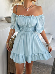 Pure Essence | Gesmockte Babydoll Mini Jurk - blauw