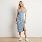 Denim Midi Jurk met Bandjes en Split