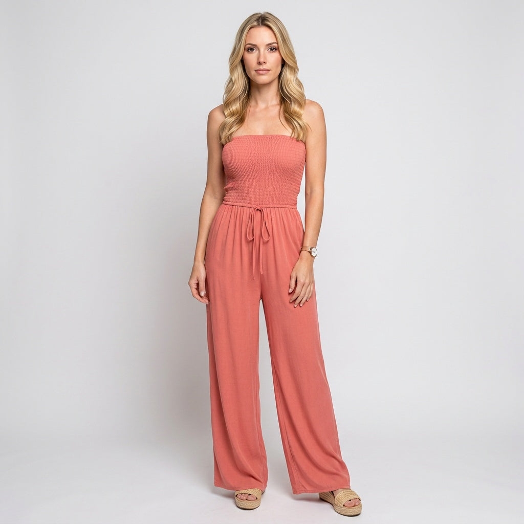 Strapless Jumpsuit met Smock Top en Wijde Pijpen