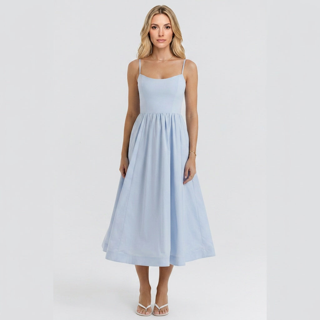 Elegante Midi Jurk met Bandjes en Uitlopende Rok