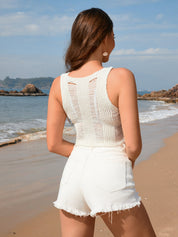 Trina Sleeveless Crochet Ripped Knit Tank - Cream