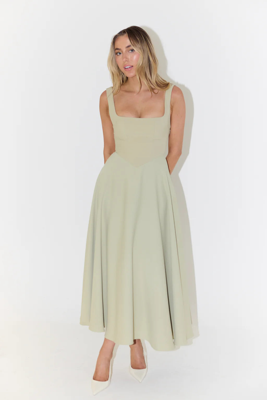 Ivette - Midi Jurk Met Hoge Taille En Vierkante Hals