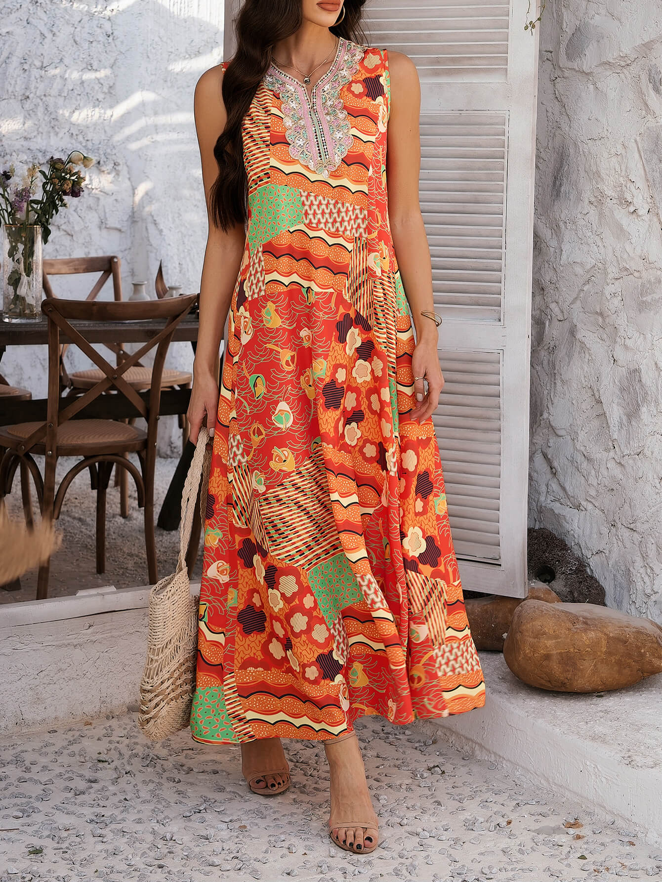 Oranje Boho Maxi Jurk met Bloemenprint | Geborduurd Decolleté | Zomerjurk Dames