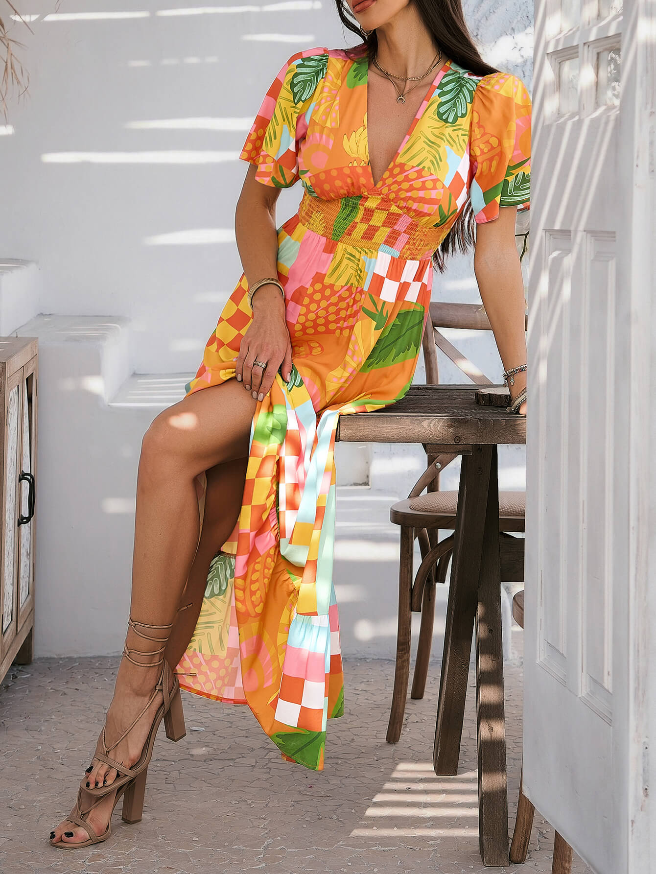 Oranje Bloemenprint Maxi Jurk | Gesmockte Taille | Tropische Zomerjurk Dames
