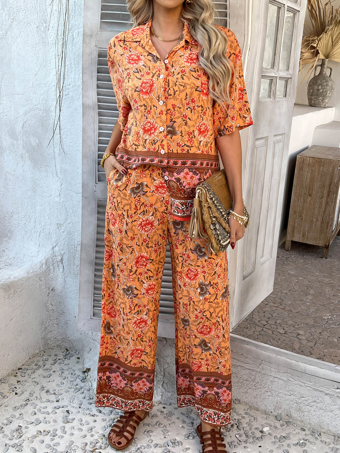 Bohemia | Bloemenprint Vakantie Bijpassende Set - oranje