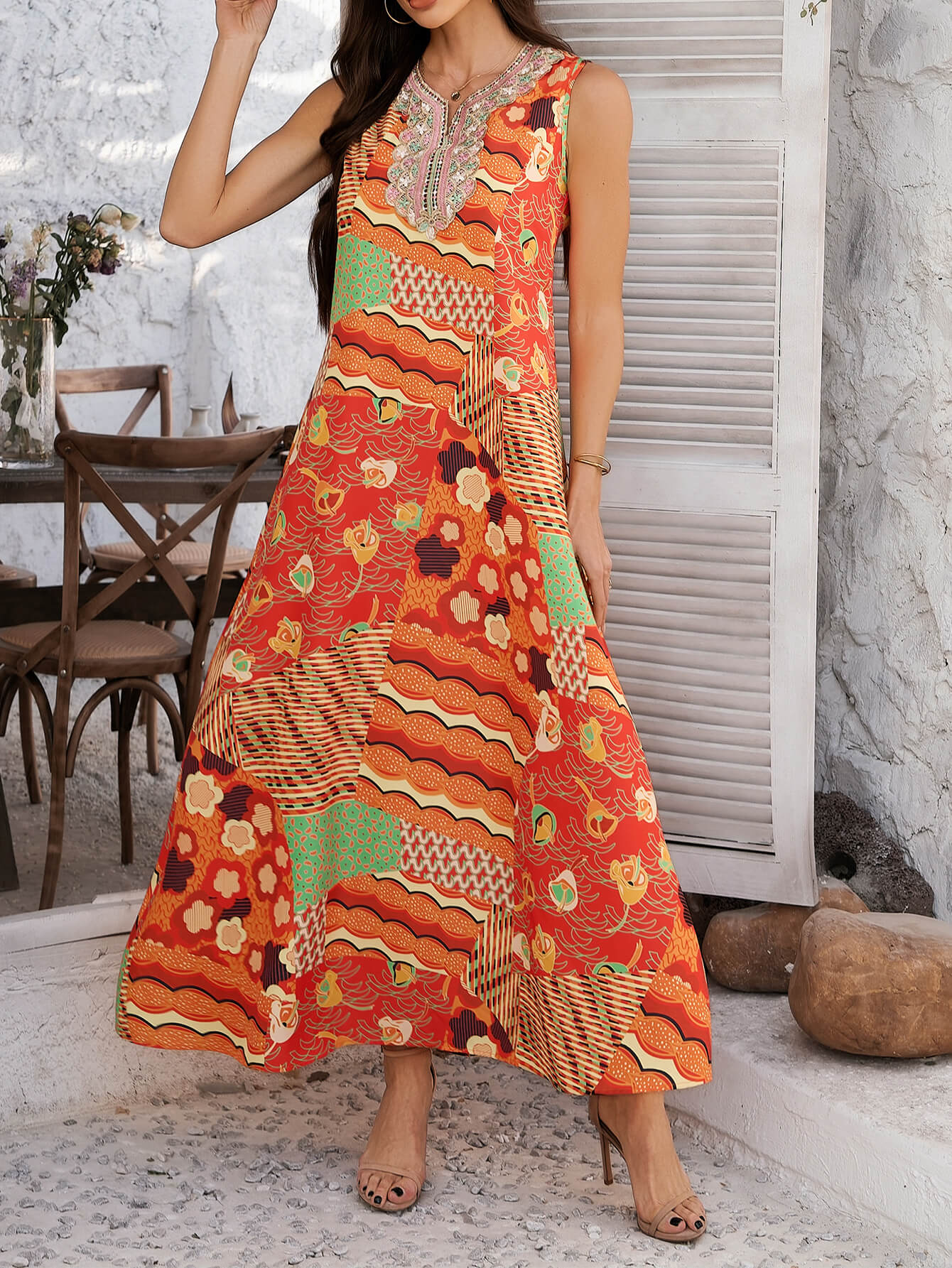 Oranje Boho Maxi Jurk met Bloemenprint | Geborduurd Decolleté | Zomerjurk Dames