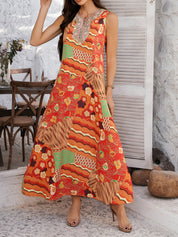 Oranje Boho Maxi Jurk met Bloemenprint | Geborduurd Decolleté | Zomerjurk Dames