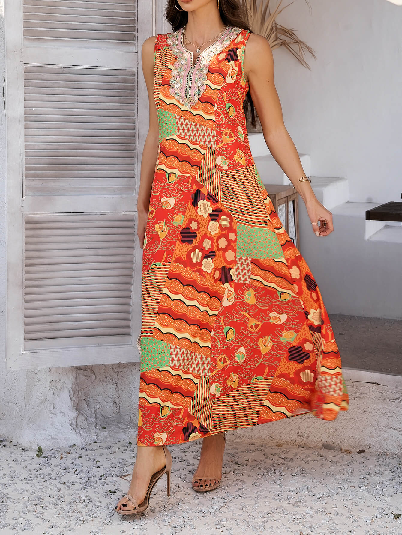Oranje Boho Maxi Jurk met Bloemenprint | Geborduurd Decolleté | Zomerjurk Dames