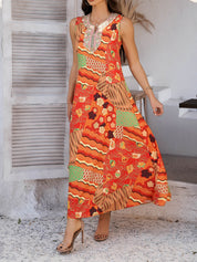 Oranje Boho Maxi Jurk met Bloemenprint | Geborduurd Decolleté | Zomerjurk Dames