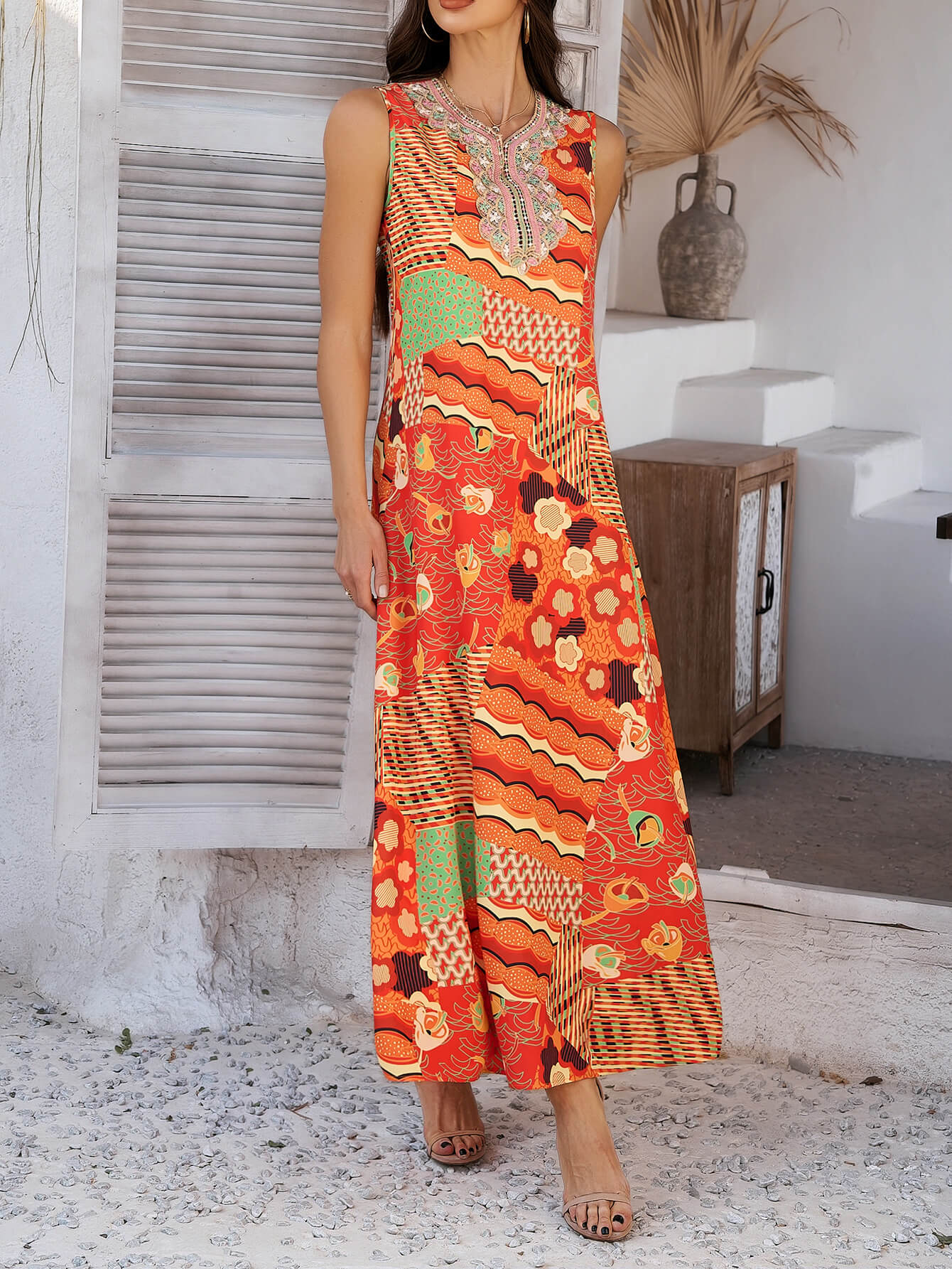 Oranje Boho Maxi Jurk met Bloemenprint | Geborduurd Decolleté | Zomerjurk Dames
