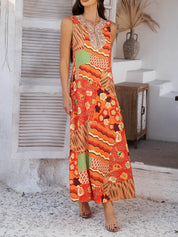 Oranje Boho Maxi Jurk met Bloemenprint | Geborduurd Decolleté | Zomerjurk Dames