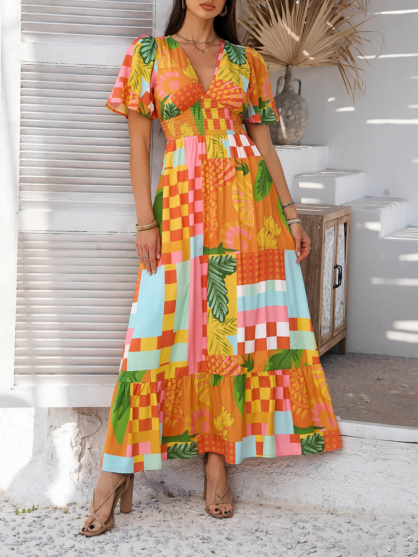 Oranje Bloemenprint Maxi Jurk | Gesmockte Taille | Tropische Zomerjurk Dames