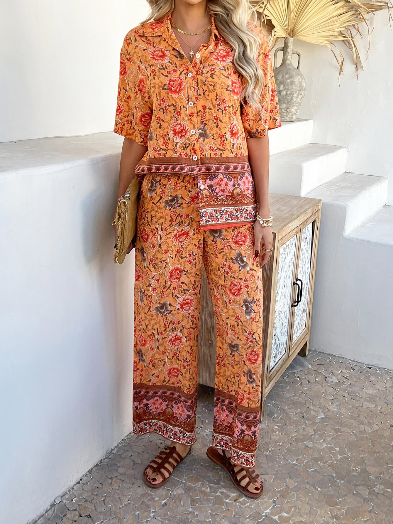 Bohemia | Bloemenprint Vakantie Bijpassende Set - oranje